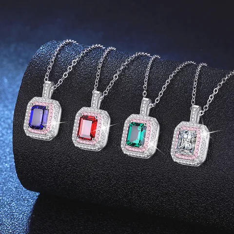 Collier Pendentif Carré en Argent Sterling 925 Moissanite Gemme Créée en Laboratoire Luxe Géométrique Bijoux de Mode Cadeau Pour Femmes
