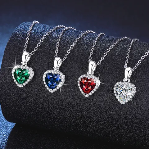 925 Sterling Silver Heart Necklace Moissanite Lab-Grown Ruby Emerald Sapphire Pendant Versatile Jewelry Gift For Women