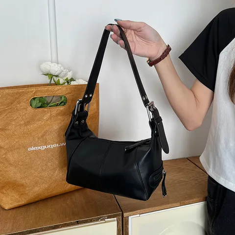 Women Fashion PU Leather Underarm Bag Vintage Solid Color Casual Shoulder Bag Chic Zipper Handbag Female Daily Purse