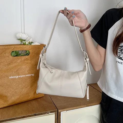 Women Fashion PU Leather Underarm Bag Vintage Solid Color Casual Shoulder Bag Chic Zipper Handbag Female Daily Purse