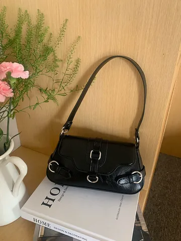 Women's Motorcycle Style PU Leather Underarm Bag Casual Versatile Chic Solid Color Shoulder Crossbody Handbag