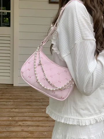 Women Quilted PU Leather Underarm Bag Sweet Bow Artificial Pearl Chain Shoulder Bag Casual Fashion Baguette Bag