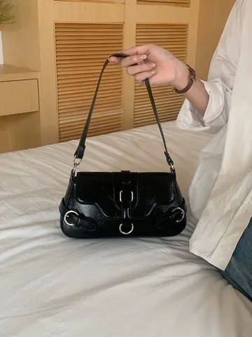 Women's Motorcycle Style PU Leather Underarm Bag Casual Versatile Chic Solid Color Shoulder Crossbody Handbag
