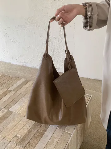 Women Casual Large Capacity Tote Bag PU Leather Fashion Shoulder Underarm Bucket Bag Commuter Handbag