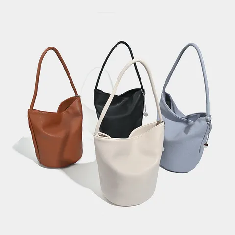 Women's PU Leather Bucket Bag Vintage Casual Soft Handbag Chic Solid Color Commuting Shoulder Bag Underarm Bag
