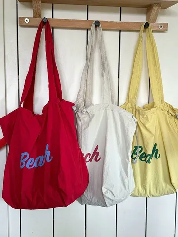 Summer New Drawstring Nylon Tote Bag Casual Large Capacity Canvas Shoulder Bag Commuting Beach Letter Print Handbag