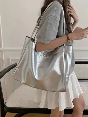 Women's Large Capacity PU Leather Tote Bag Vintage Casual Shoulder Bag Solid Color Commuter Handbag For Daily Use