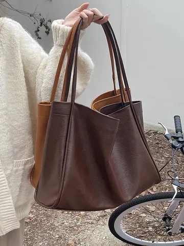 Women Large Capacity PU Leather Tote Bag Vintage Casual Soft Shopper Bag Commuter Handbag College Style Shoulder Bag
