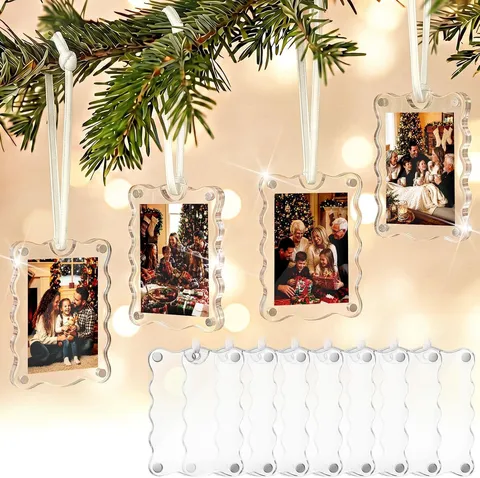 Weihnachts-Hängende Transparente Acryl Foto Rahmen Ornamente Mit Band DIY Wellenrand Bilderrahmen Für Baum Deko Set