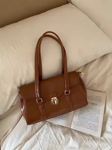 Retro PU Leather Tote Bag For Women Fashion Casual Commuter Handbag Elegant Lock Closure Shoulder Bag Top Handle Bag