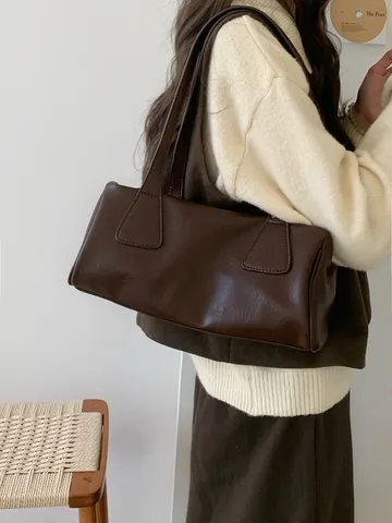 Women's Vintage PU Leather Underarm Bag Fashion Retro Baguette Shoulder Bag Casual Commuting Solid Color Handbag