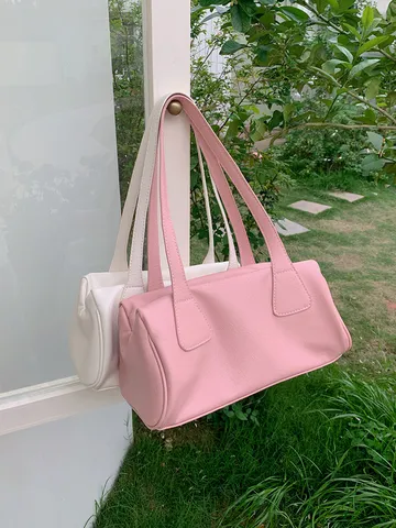 Minimalist Retro PU Leather Tote Bag Underarm Baguette Bag Solid Color Zipper Closure Daily Shoulder Bag For Women