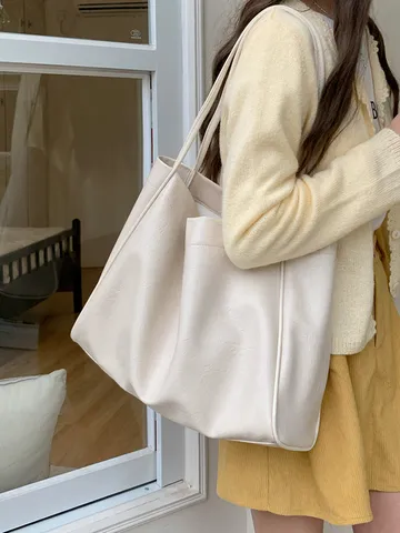 Large Capacity Soft PU Leather Tote Bag Women Casual Commuter Shoulder Bag Vintage Solid Color Shopping Handbag