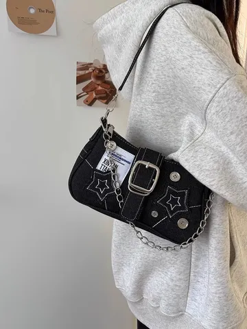 Y2K Bintatj Tsanta Mastoxiou apo Denim gia Gynaikes Retro Patchwork Kentima Asteri Alysida Tsanta Omou Chic Street Style Handbag