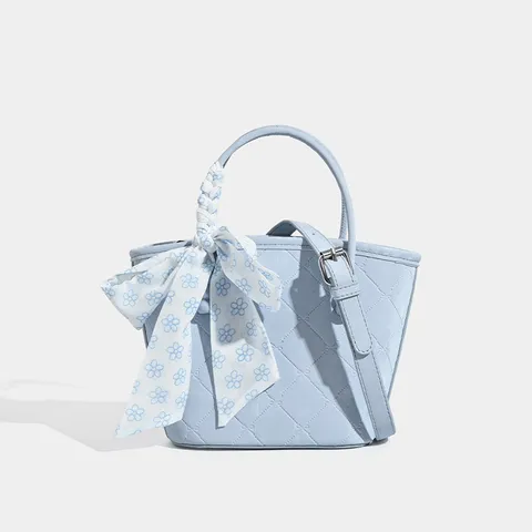 Women Small Handbag PU Leather Quilted Top Handle Crossbody Bag With Bow Silk Scarf Daily Commuting Bucket Bag