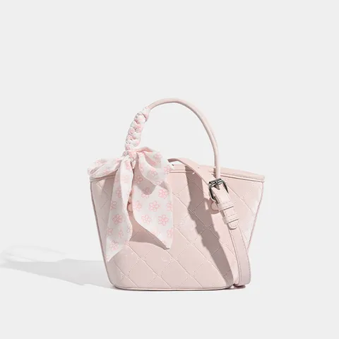 Women Small Handbag PU Leather Quilted Top Handle Crossbody Bag With Bow Silk Scarf Daily Commuting Bucket Bag
