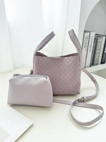 Borsa Secchiello in Pelle PU Tessuta Chic Casual per Donna Moda Tinta Unita Borsa a Tracolla con Pochette