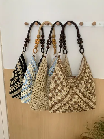 Borsa Tote in Paglia Tessuta per Vacanze Estive al Mare Borsa a Mano all'Uncinetto Traforata Grande Borsa a Tracolla Casual da Donna