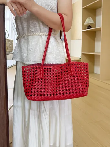 Borsa Tote Intrecciato Moda Donna Grande Capacità Borsa a Tracolla in Pelle PU Casual Tinta Unita Borsa a Mano Estiva da Spiaggia