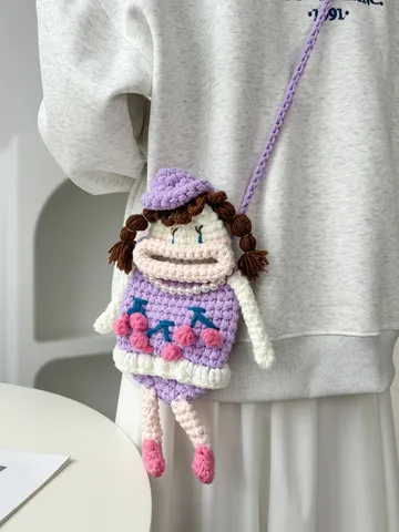 Carino Cartone Animato Bambola Bocca Grande Borsa per Telefono Cellulare Fatto a Mano Lavorato a Maglia Uncinetto Borsa a Tracolla Borsa Casual Chic per Donna