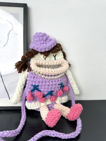 Carino Cartone Animato Bambola Bocca Grande Borsa per Telefono Cellulare Fatto a Mano Lavorato a Maglia Uncinetto Borsa a Tracolla Borsa Casual Chic per Donna