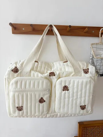 Large Capacity Tote Travel Bag Canvas Quilted Embroidery Bear Shoulder Crossbody Diaper Bag Casual Maternity Bag