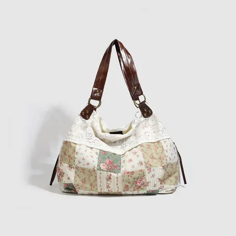 Sac Cabas Patchwork Floral Vintage Pour Femmes Sac à Main d'Épaule Décontracté de Commutateur Avec Garniture en Dentelle Sac en Toile Rétro