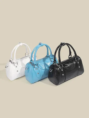 Women Boston Bag PU Leather Fashion Bowling Bag Casual Crossbody Shoulder Bag Commuting Handbag Top Handle Purse