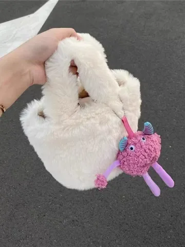 Borsa a Secchiello in Peluche Autunno Inverno Donna Rosa Bianco Borsa a Tracolla Casual Carino Ciondolo Piccolo Mostro Borsetta