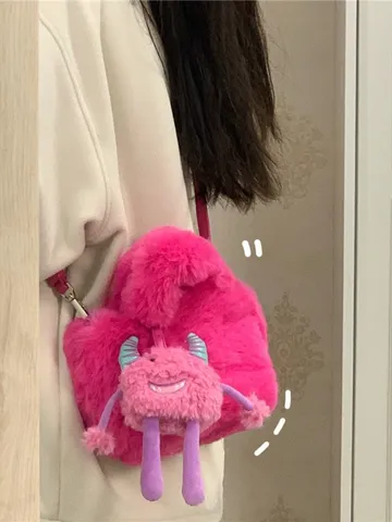 Borsa a Secchiello in Peluche Autunno Inverno Donna Rosa Bianco Borsa a Tracolla Casual Carino Ciondolo Piccolo Mostro Borsetta
