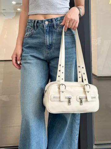 Borsa da Donna Retro Boston Bowling in Pelle PU Casual Versatile Borsetta Minimalista Moda Borsa a Tracolla