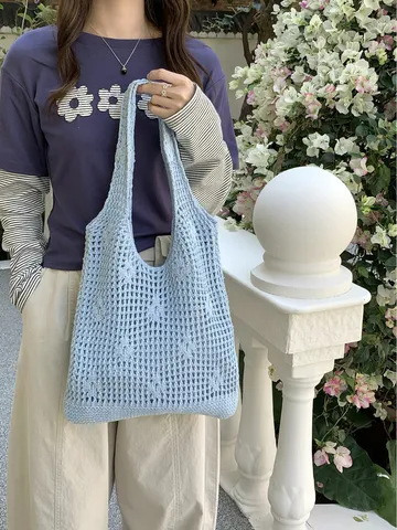 Borsa Tote in Maglia Tessuta Casual da Donna Grande Capacità Borsa a Tracolla Traforata Vacanza Estiva Commuting Borsa Casual