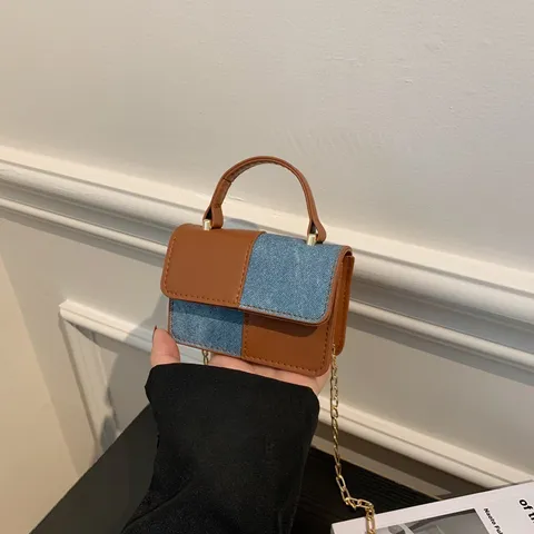 Dames Retro Kleurenblok PU Leer Denim Crossbody Tas Mode Casual Mini Vierkante Handtas Ketting Schoudertas