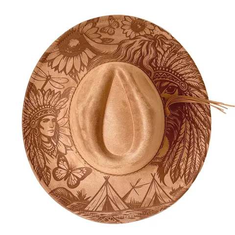 Laser Engraved Tribal Pattern Western Cowboy Hat Vintage Wide Brim Suede Fedora Felt Hat Outdoor Men Women Jazz Hat