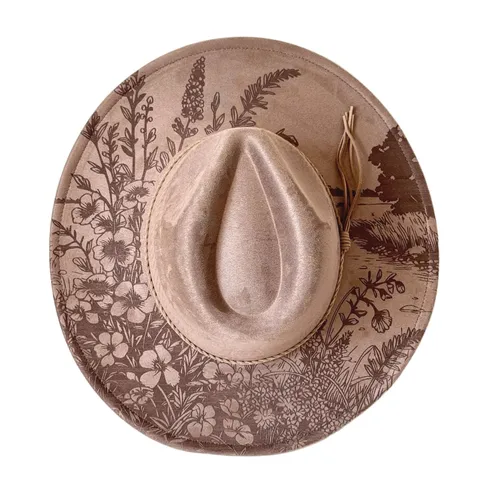 Dames Westerse Cowboyhoed Retro Brede Rand Imitatie Suède Fedora Hoed Lasergegraveerd Bloemenpatroon Vintage Jazz Pet
