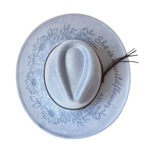Sombrero de Vaquero Occidental para Mujer de Ante Sintético Grabado Láser Margarita Floral Ala Plana Sombrero Fedora de Jazz Protección Solar