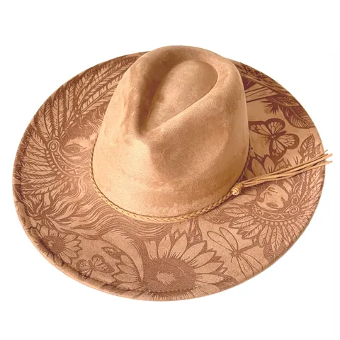 Laser Engraved Tribal Pattern Western Cowboy Hat Vintage Wide Brim Suede Fedora Felt Hat Outdoor Men Women Jazz Hat
