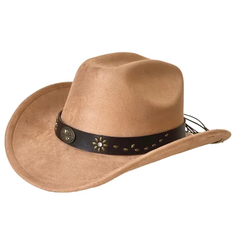 Chapeau de Cowboy en Polyester Style Western Large Bord Chapeau de Chevalier Rétro Faux Daim Clouté Feutre pour Protection Solaire Plein Air Unisex
