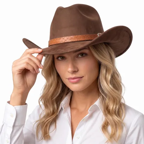 Vintage Polyester Faux Suede Western Cowboy Hat Large Wide Brim Sunshade Fedora For Men Women Outdoor Belt Buckle Decor