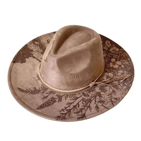 Dames Westerse Cowboyhoed Retro Brede Rand Imitatie Suède Fedora Hoed Lasergegraveerd Bloemenpatroon Vintage Jazz Pet