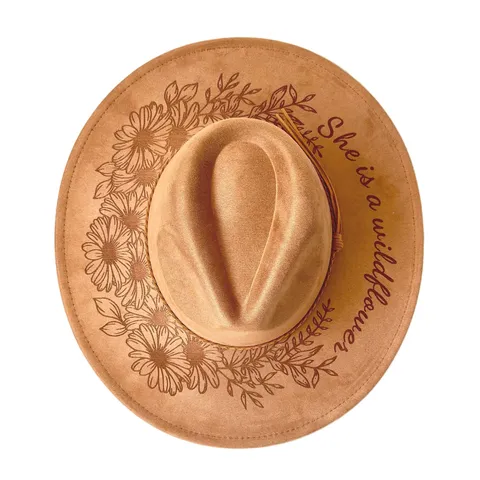 Sombrero de Vaquero Occidental para Mujer de Ante Sintético Grabado Láser Margarita Floral Ala Plana Sombrero Fedora de Jazz Protección Solar