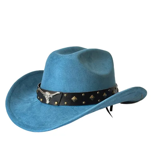 Cappello da Cowboy Western Vintage in Poliestere Finta Pelle Scamosciata Cintura in Pelle Testa di Toro Rivetto Ala Larga Curva Fedora per Donna Uomo