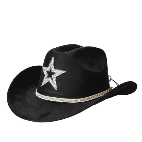 Vintage Western Cowboy Hat Polyester Wide Brim Jazz Fedoras With Rhinestone Star Decoration For Unisex Costume Party Accessories