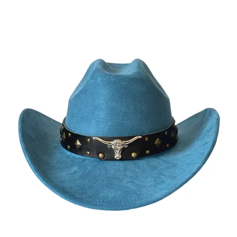 Cappello da Cowboy Western Vintage in Poliestere Finta Pelle Scamosciata Cintura in Pelle Testa di Toro Rivetto Ala Larga Curva Fedora per Donna Uomo