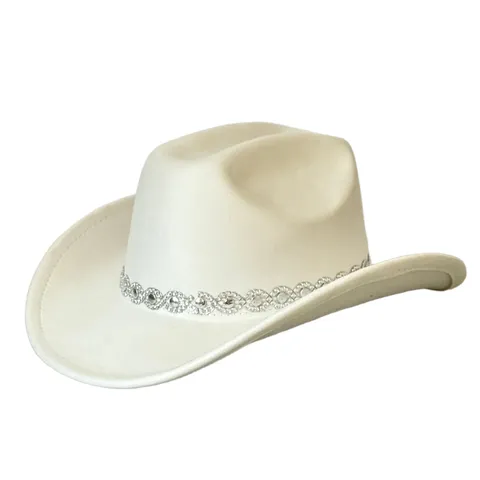 Vintage Polyester Cowboy Hat With Rhinestone Chain Decor Elegant Wide Brim Faux Suede Jazz Party Hat For Adults Fashion Dress Up Accessory
