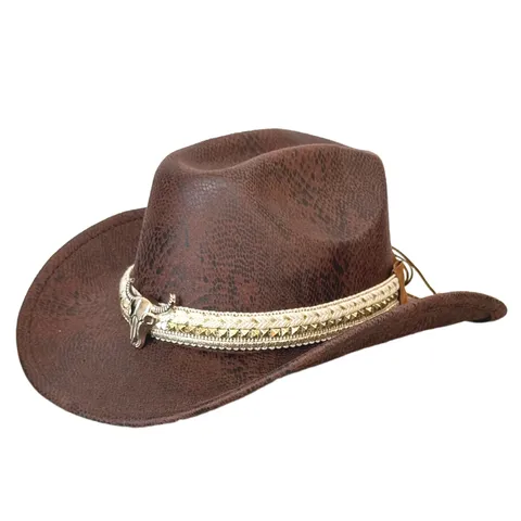 Vintage Western Cowboyhoed Brede Rand Conische Kroon Polyester Katoen Fedora Hoed Met Metalen Stierkop Accessoire Voor Heren Dames Outdoor Zonneschutz Reizen