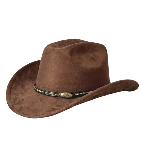 Cappello da Cowboy Western Vintage Unisex Ala Larga Curva Poliestere Scamosciato Feltro Fedora Jazz Cappello Con Cintura Pelle