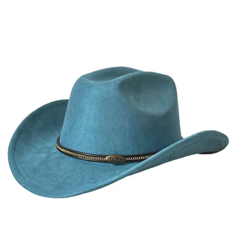 Cappello da Cowboy Western Vintage Unisex Ala Larga Curva Poliestere Scamosciato Feltro Fedora Jazz Cappello Con Cintura Pelle