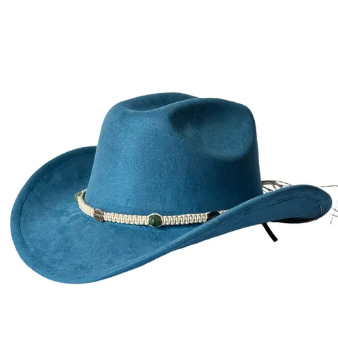 Cappello da Cowboy Occidentale Vintage Tesa Larga Curva Poliestere Scamosciato Cavaliere Fedora Cappello da Sole Con Fascia Con Perline per Uomo Donna