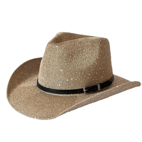 Retro Polyester Sequin Western Cowboy Hat Unisex Breathable Wide Brim Sun Protection Jazz Fedora Hat Casual Travel Party